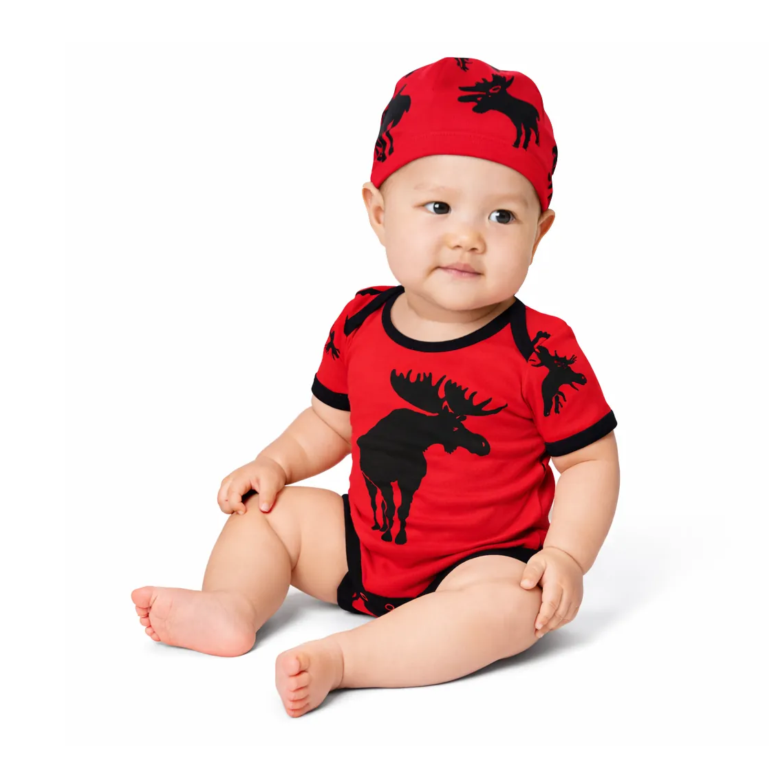 Canadian Moose on Red Baby Bodysuit and Hat Set front